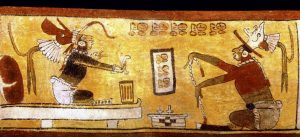 The Mayan god of business Bolon Yookte'K'Oh, left, is shown in this undated photo released to the press on July 15, 2011. The god ruled all commercial transactions in the ancient Mayan empire. He had the ears of a jaguar and smoked a cigar. Source: Mayan Museum Cancun via Bloomberg EDITOR'S NOTE: NO SALES. EDITORIAL USE ONLY.